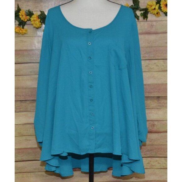 Valerie Stevens Blue Button Front Blouse Size 3X Flowy Chiffon 3/4 Ruched Sleeve - Picture 1 of 11